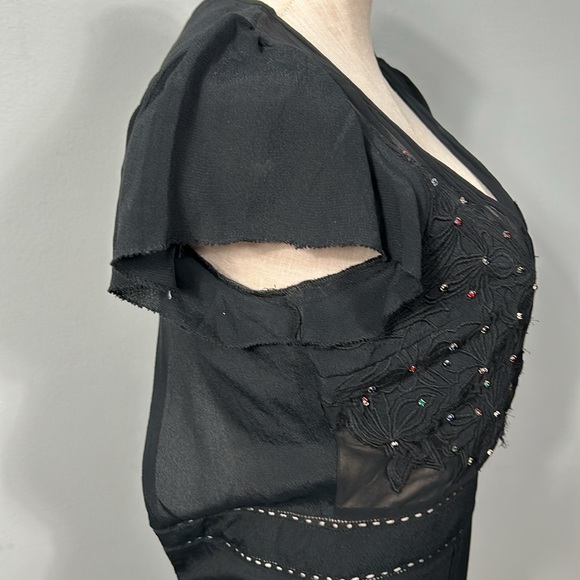 Vintage Cleobella Black Chiffon Open Back Elegant Embroidered Asymmetrical Dress - Picture 17 of 17